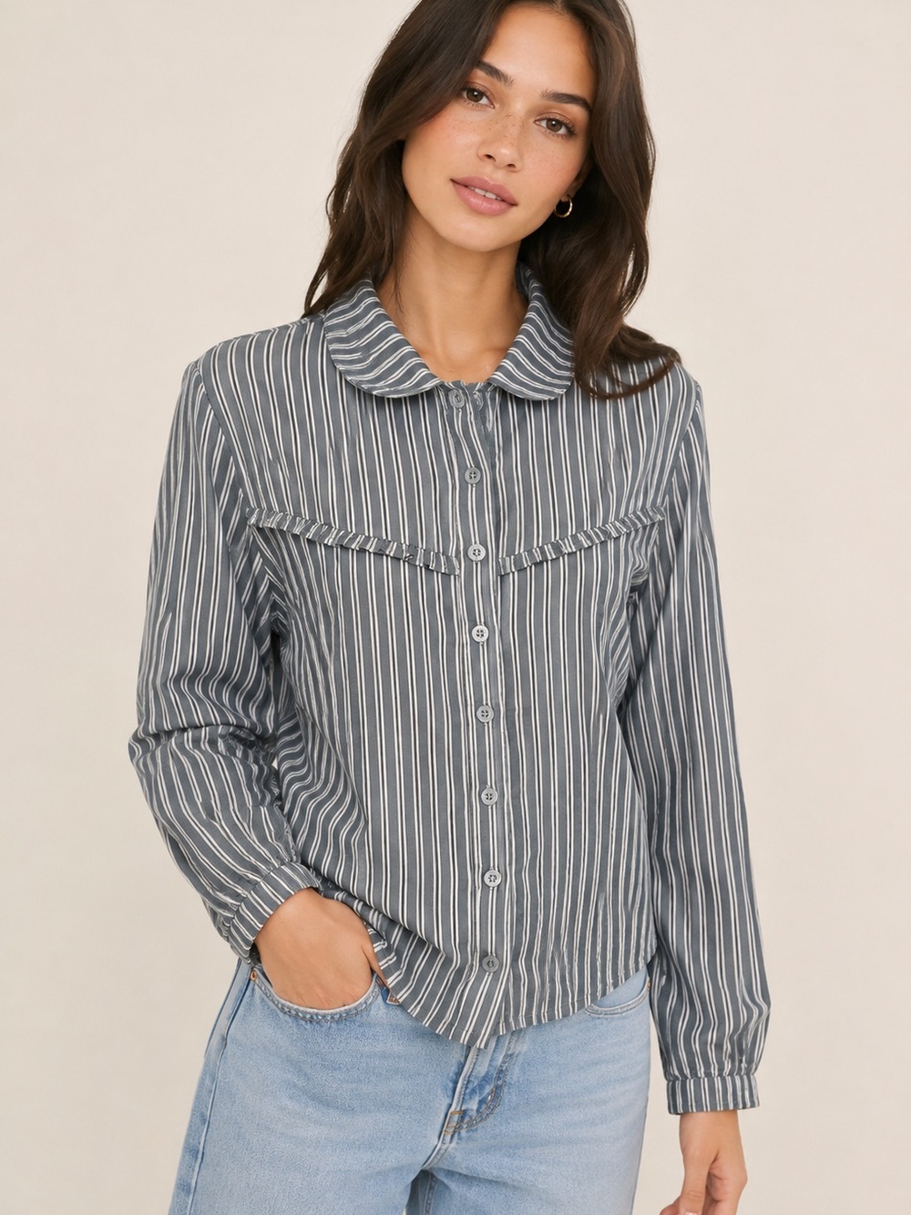 Motel Striped Ruffle Button-Up Blouse – Size M